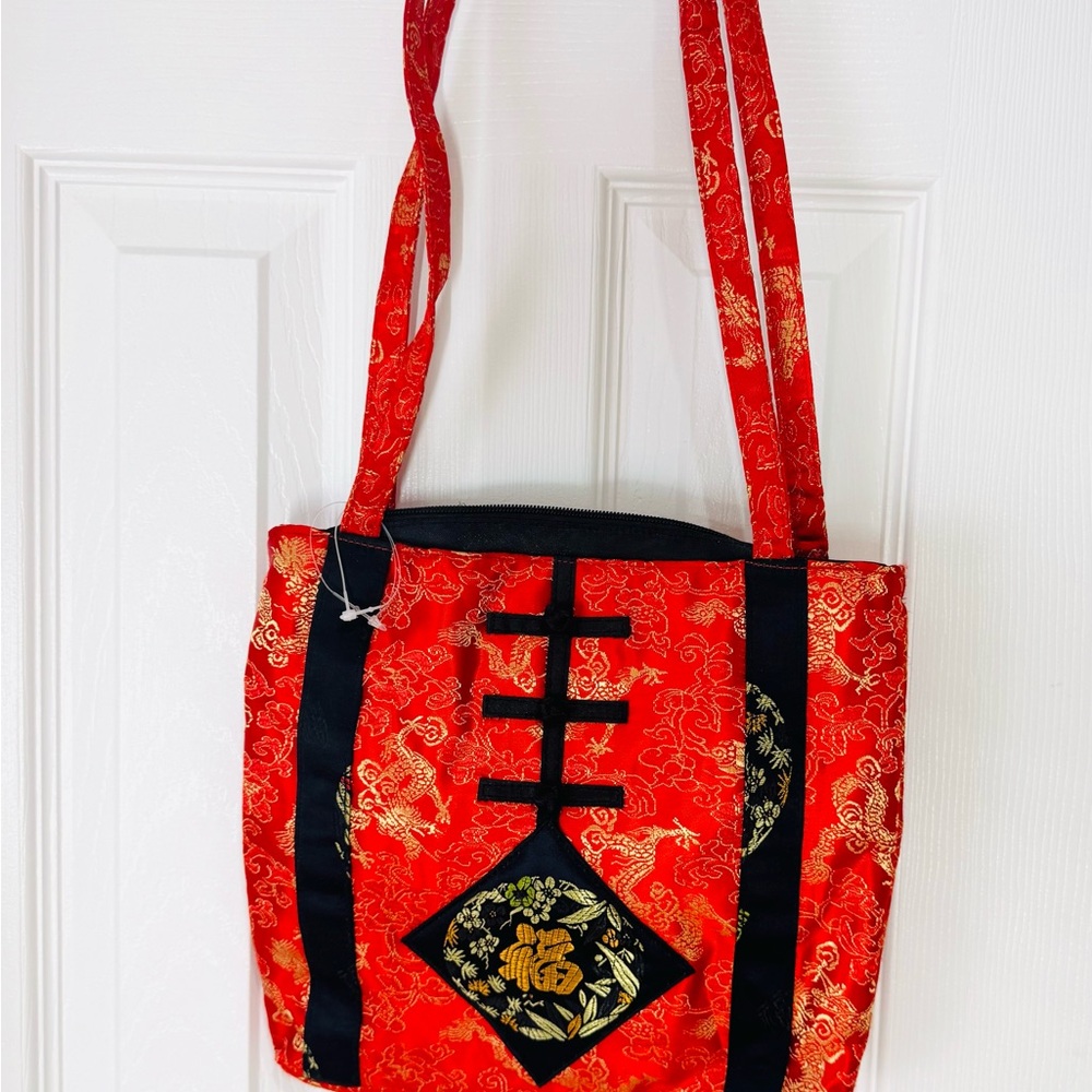 Asian Red and Black Tote Bag Satin Chateau Purse Dragon